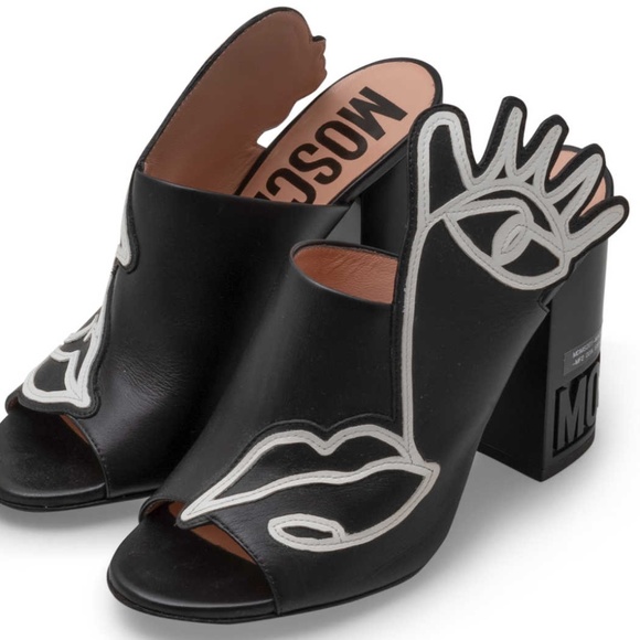 Moschino Black and White Illustration Face Sandal Heels EU 40 | US 10 - Picture 1 of 6